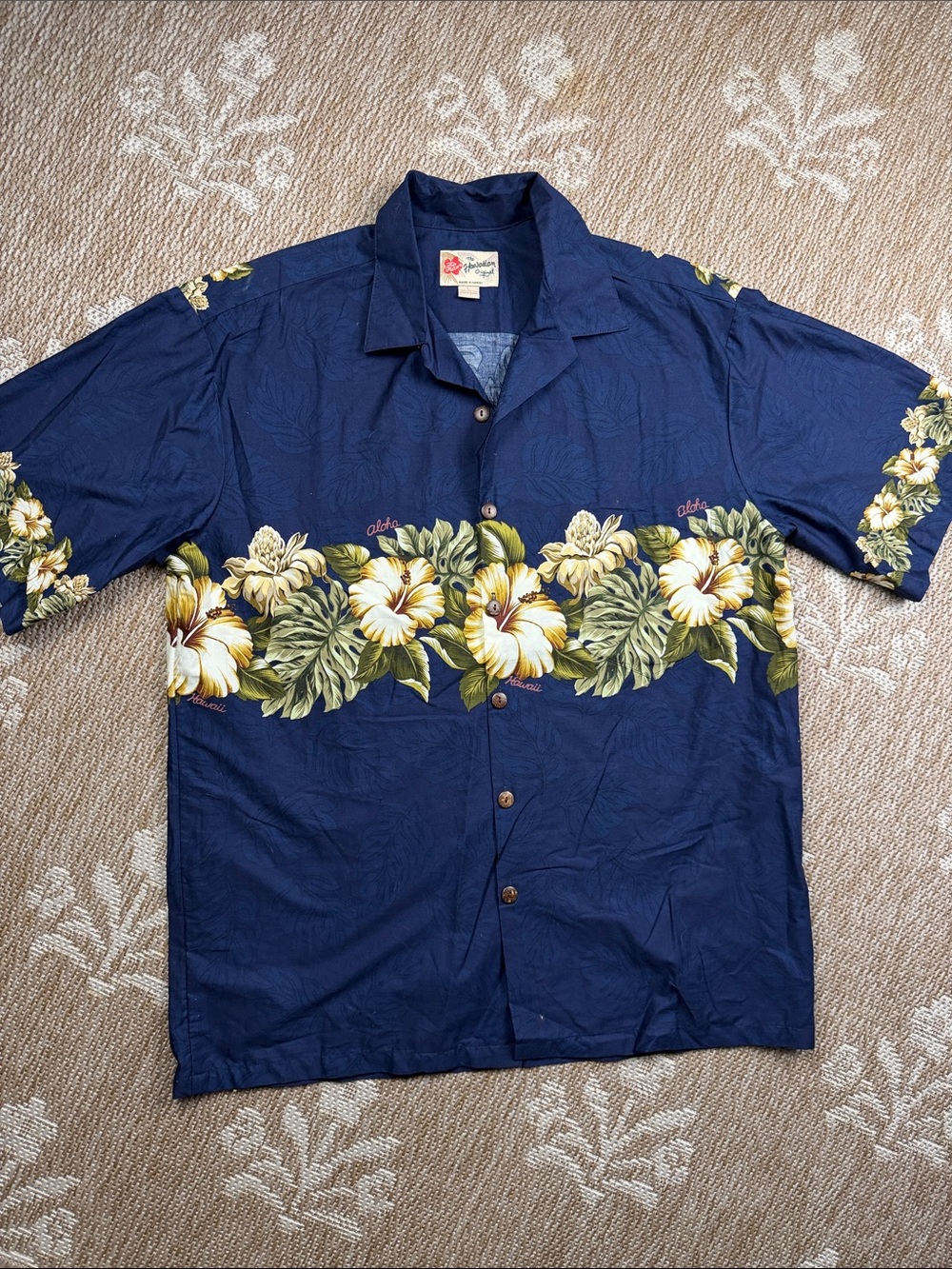 Island Aloha Navy Tropical Floral Hawaiian Shirt - Men's